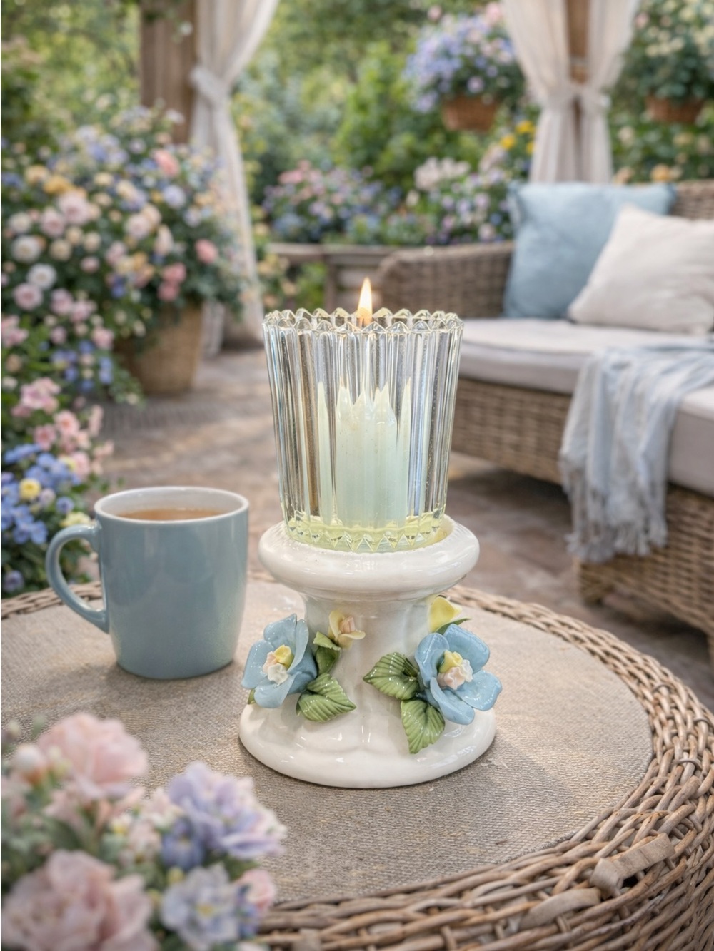 Vintage Floral Porcelain Candlestick Raised Pastel Blooms & Glass Tealight Cup